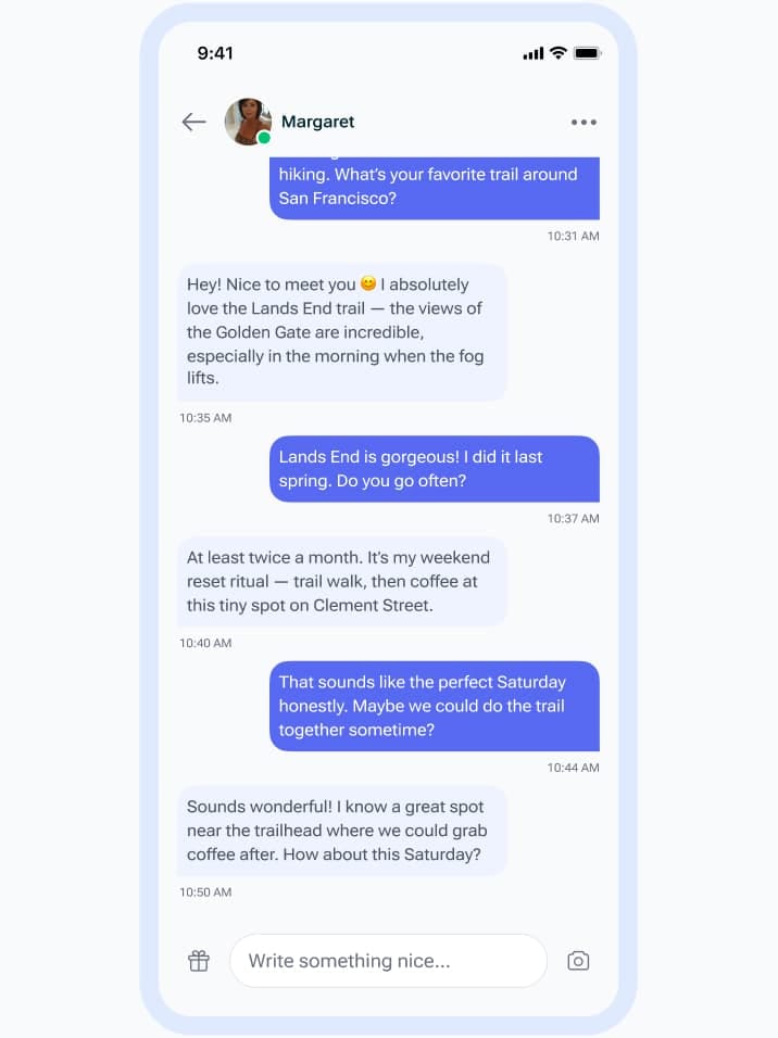 Sequel app chat screen showing engaging conversation